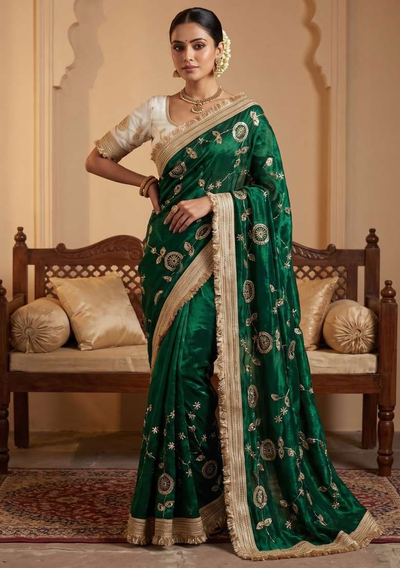 Green Embroidered Silk Saree Set - Indya
