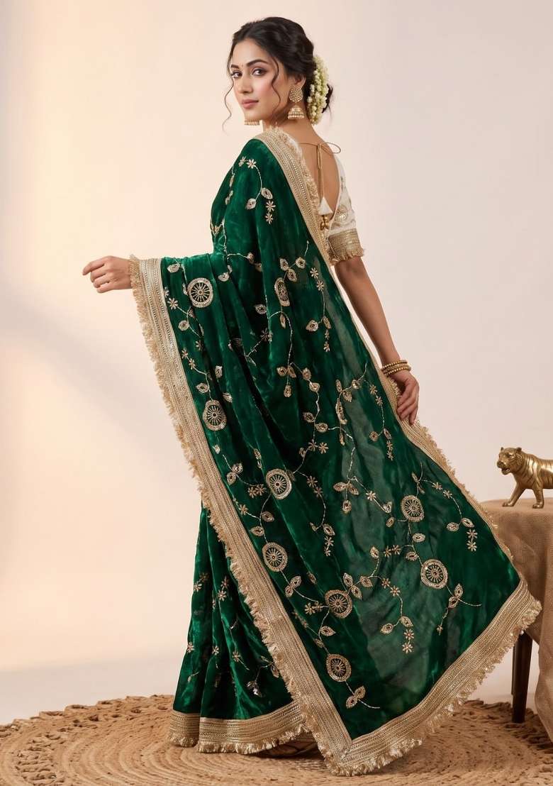 Green Embroidered Silk Saree Set - Indya