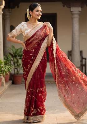 Maroon Embroidered Silk Saree Set