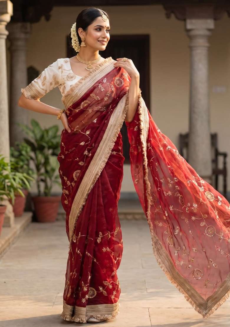 Maroon Embroidered Silk Saree Set - Indya