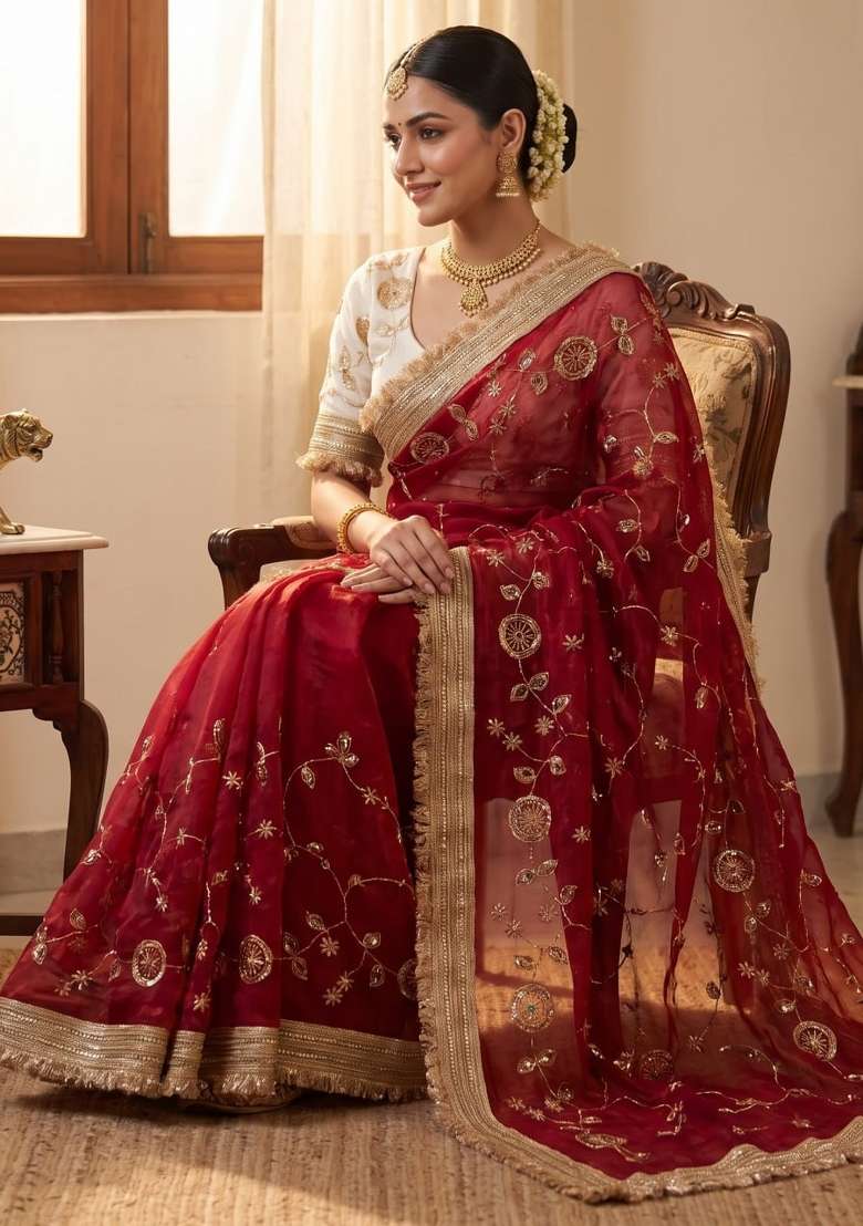 Maroon Embroidered Silk Saree Set - Indya