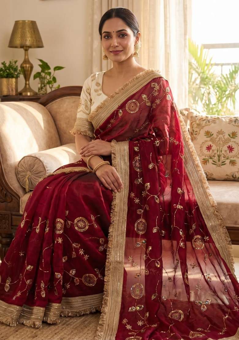 Maroon Embroidered Silk Saree Set - Indya