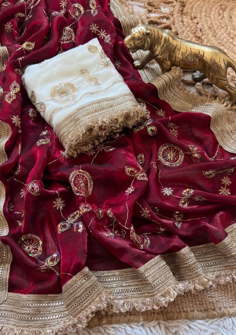 Maroon Embroidered Silk Saree Set - Indya