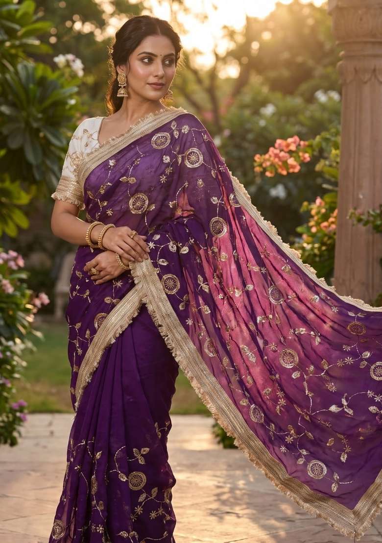 Purple Embroidered Silk Saree Set - Indya