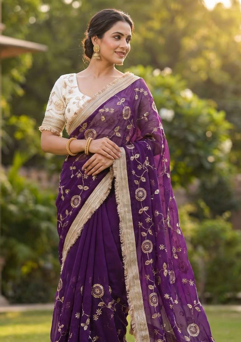 Purple Embroidered Silk Saree Set - Indya