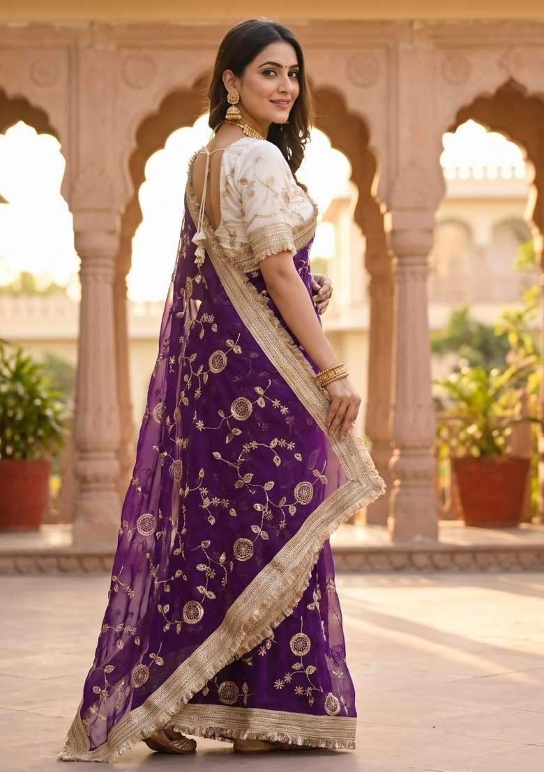Purple Embroidered Silk Saree Set - Indya
