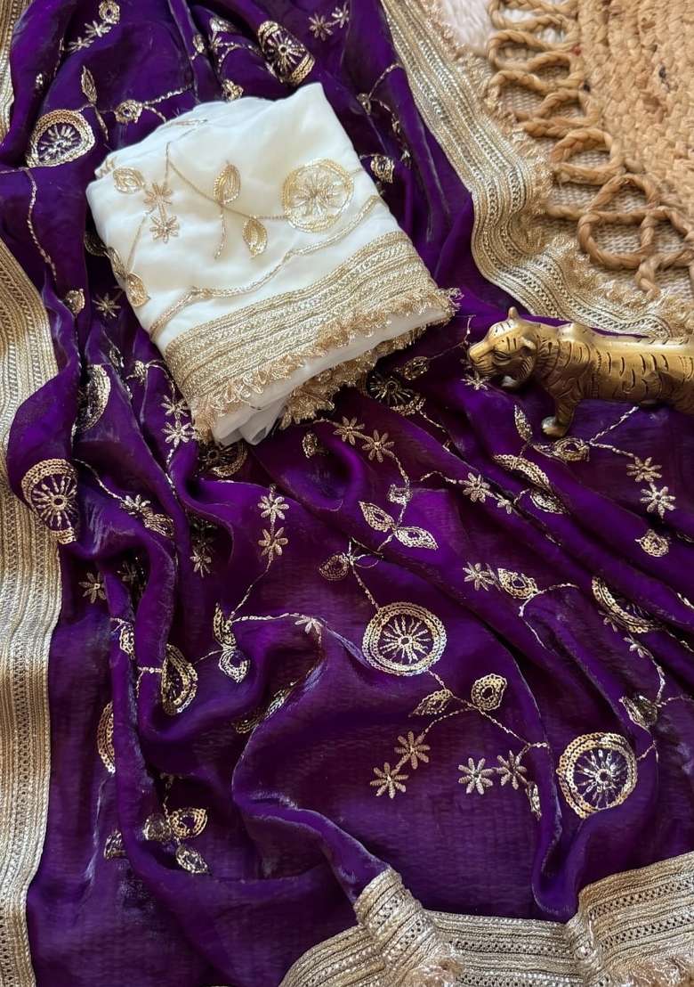 Purple Embroidered Silk Saree Set - Indya