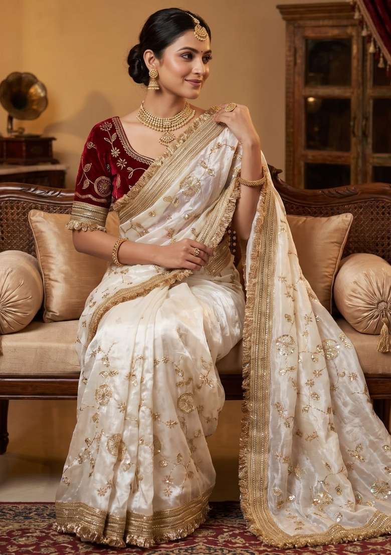 White Embroidered Silk Saree Set - Indya