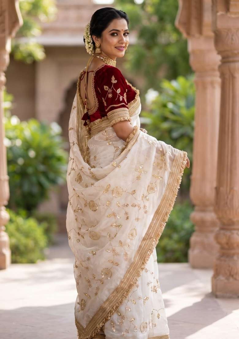 White Embroidered Silk Saree Set - Indya