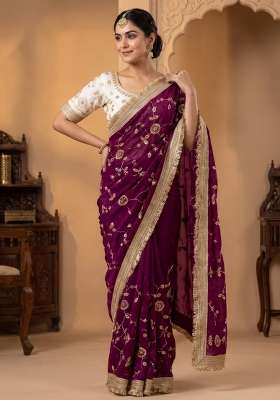 Wine Embroidered Silk Saree Set