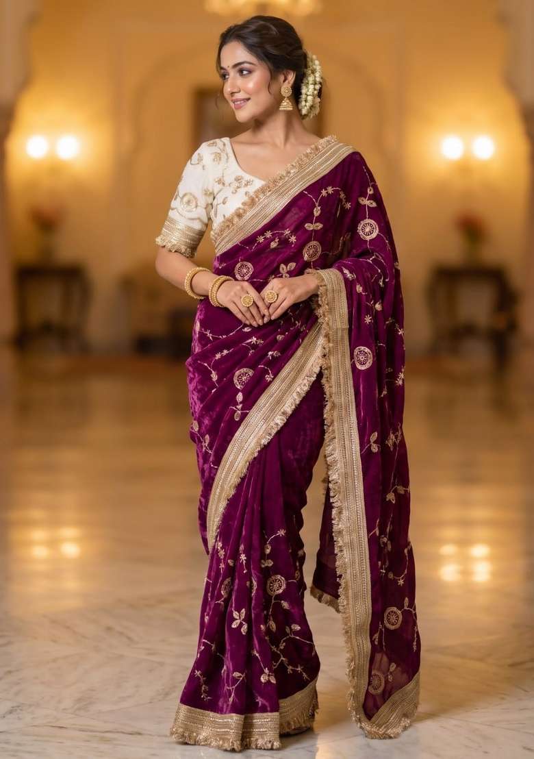 Wine Embroidered Silk Saree Set - Indya