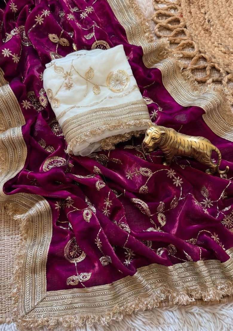 Wine Embroidered Silk Saree Set - Indya