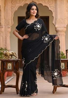 Black Embroidered Silk Saree Set