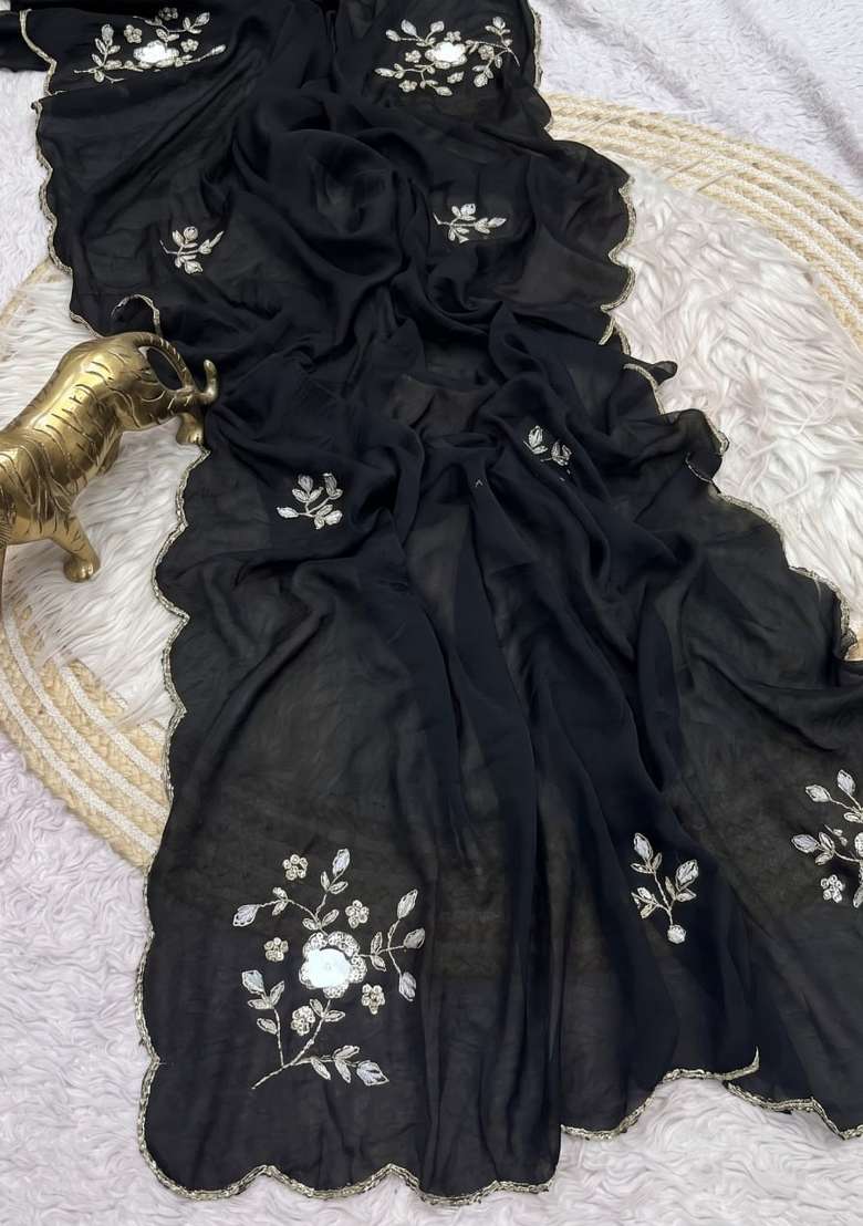 Black Embroidered Silk Saree Set - Indya