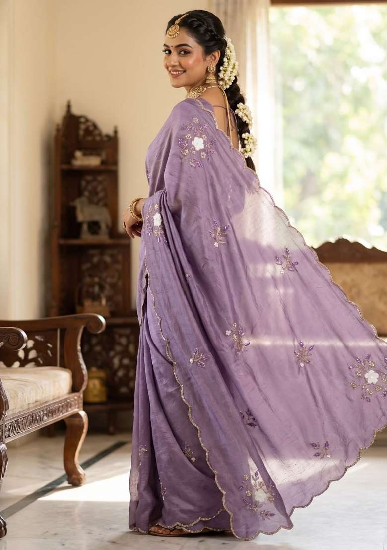 Grey Embroidered Silk Saree Set - Indya