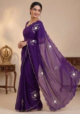 Purple Embroidered Silk Saree Set