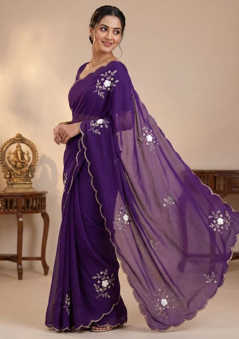 Purple Embroidered Silk Saree Set - Indya