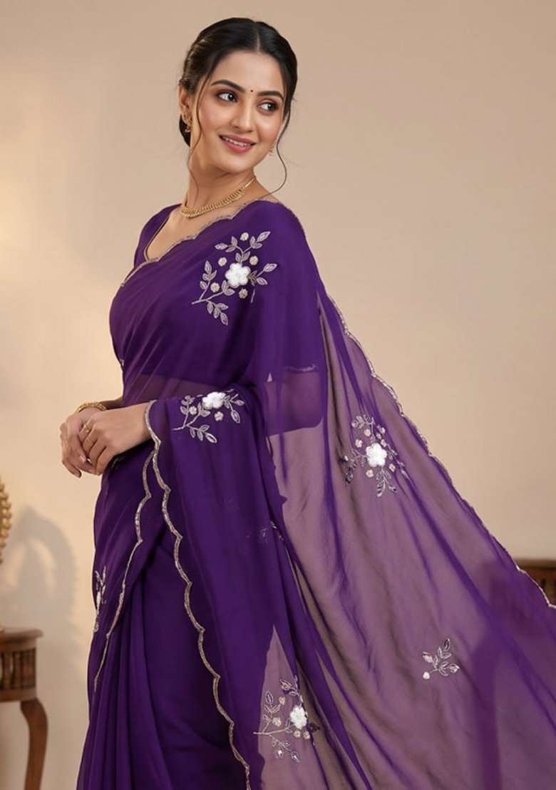 Purple Embroidered Silk Saree Set - Indya