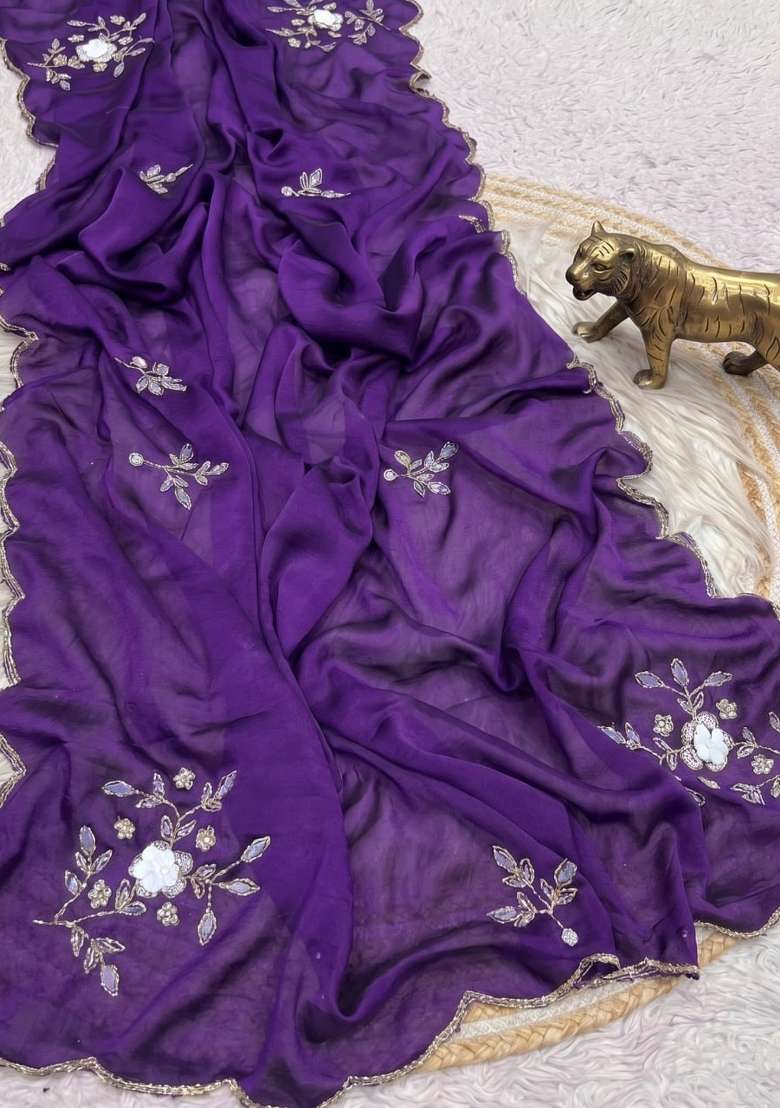 Purple Embroidered Silk Saree Set - Indya
