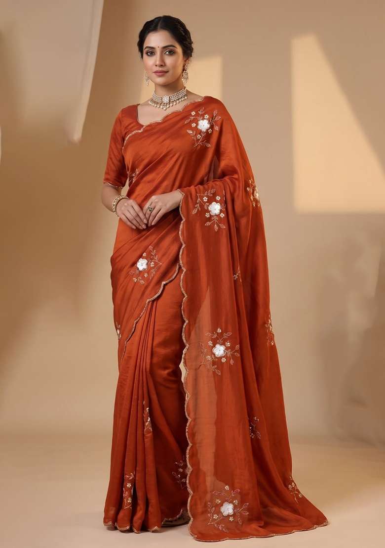 Rust Embroidered Silk Saree Set - Indya