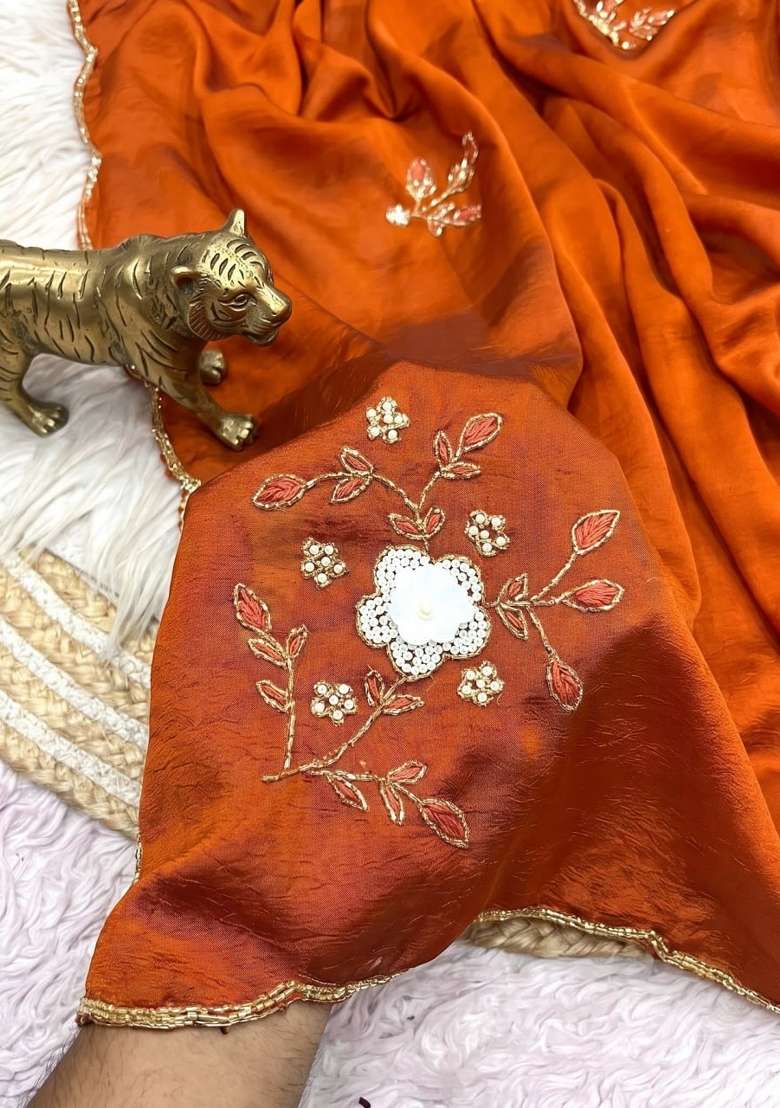 Rust Embroidered Silk Saree Set - Indya