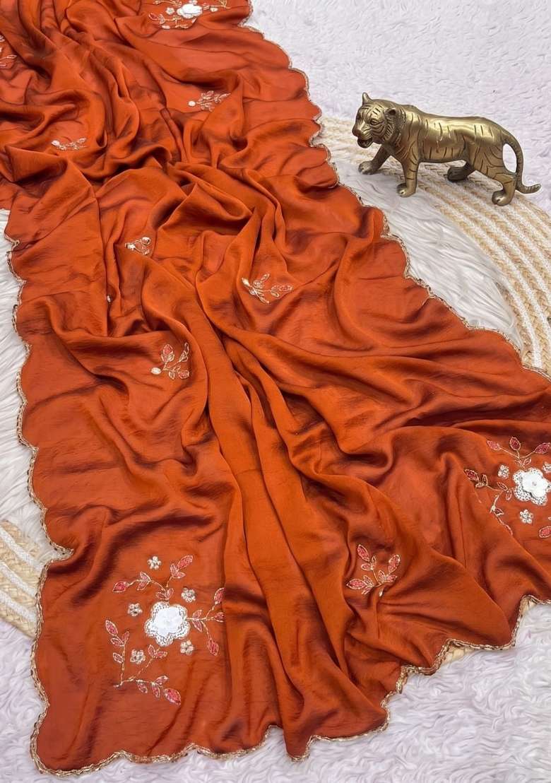Rust Embroidered Silk Saree Set - Indya