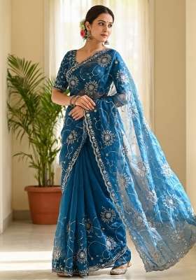 Blue Embroidered Silk Saree Set