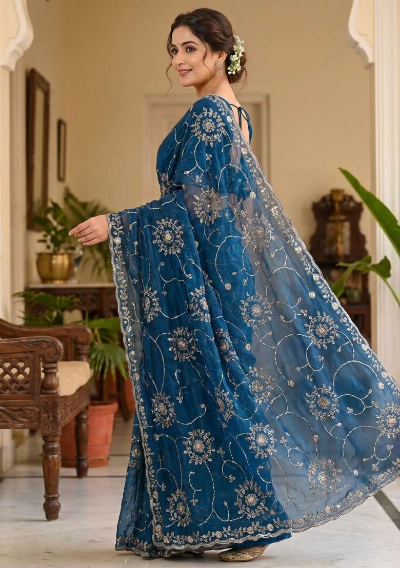 Blue Embroidered Silk Saree Set - Indya