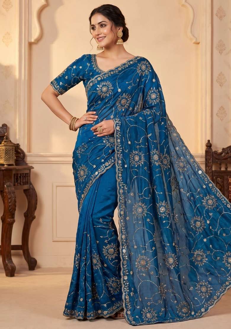 Blue Embroidered Silk Saree Set - Indya