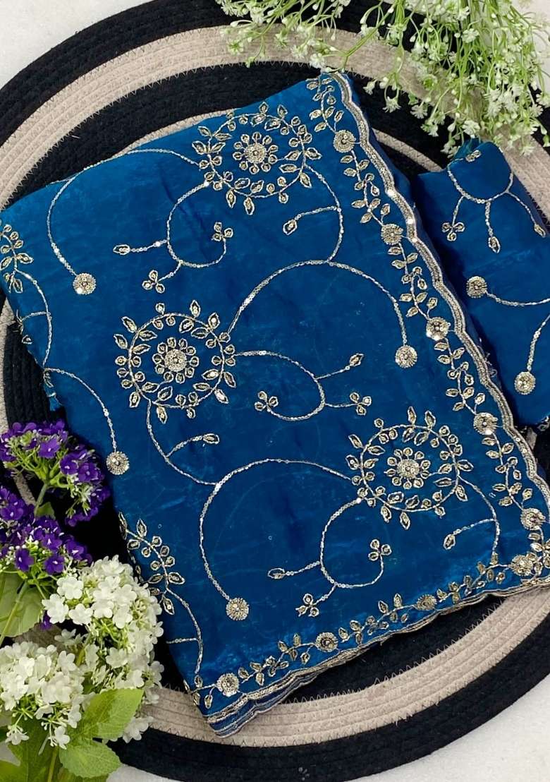 Blue Embroidered Silk Saree Set - Indya