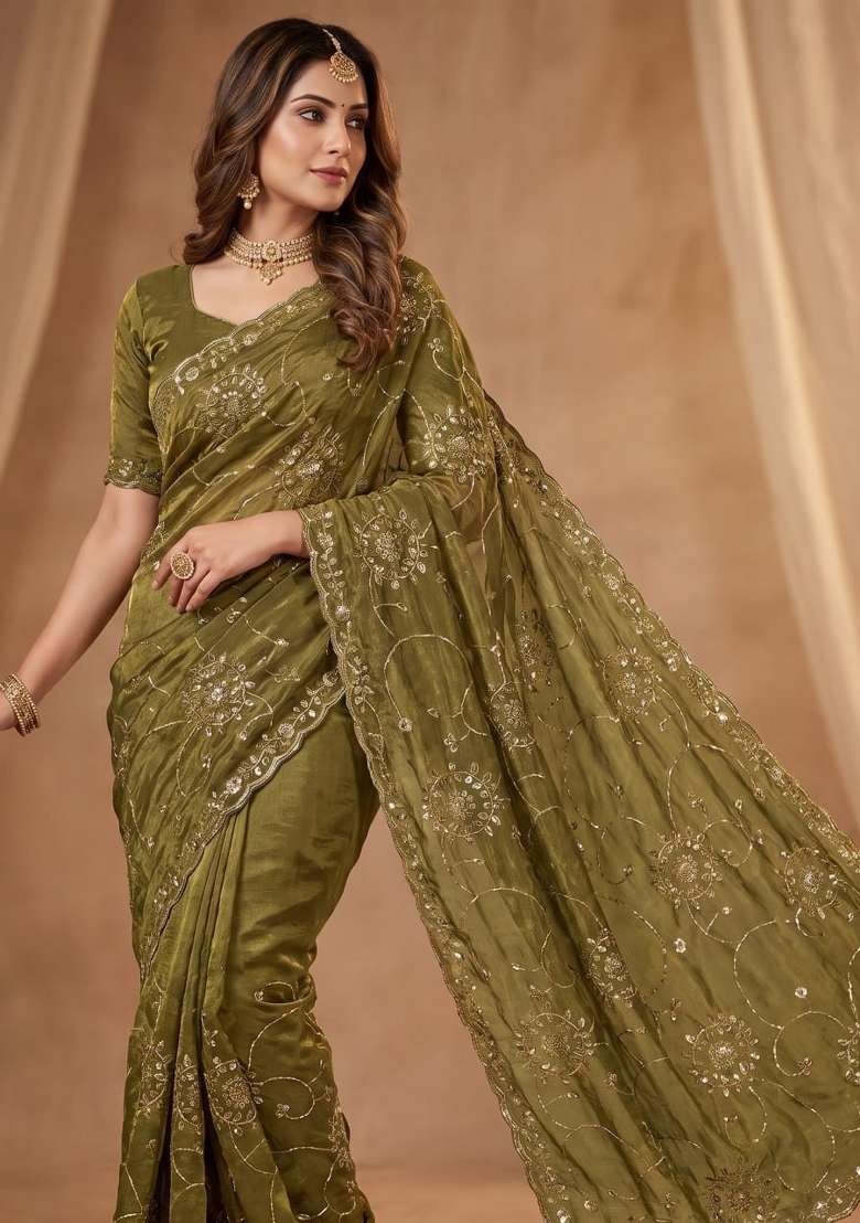 Mehendi Embroidered Silk Saree Set - Indya