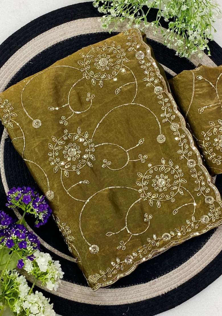 Mehendi Embroidered Silk Saree Set - Indya