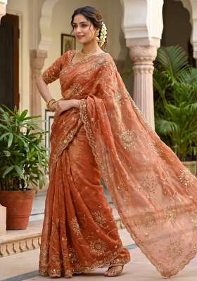 Orange Embroidered Silk Saree Set