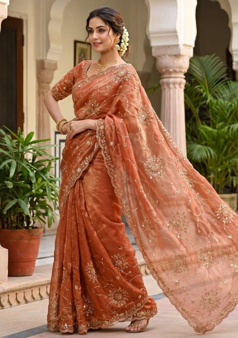 Orange Embroidered Silk Saree Set - Indya