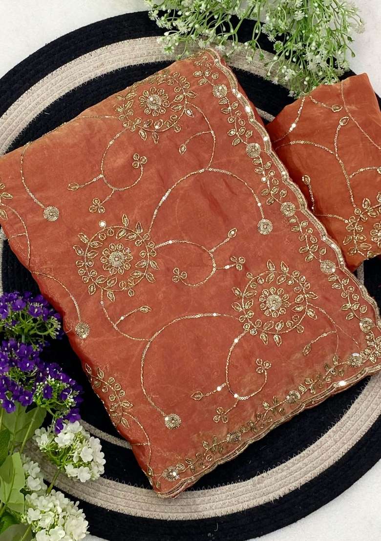 Orange Embroidered Silk Saree Set - Indya