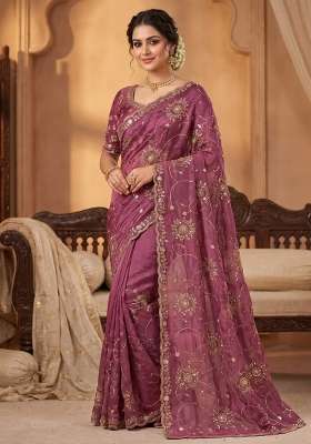 Peach Embroidered Silk Saree Set