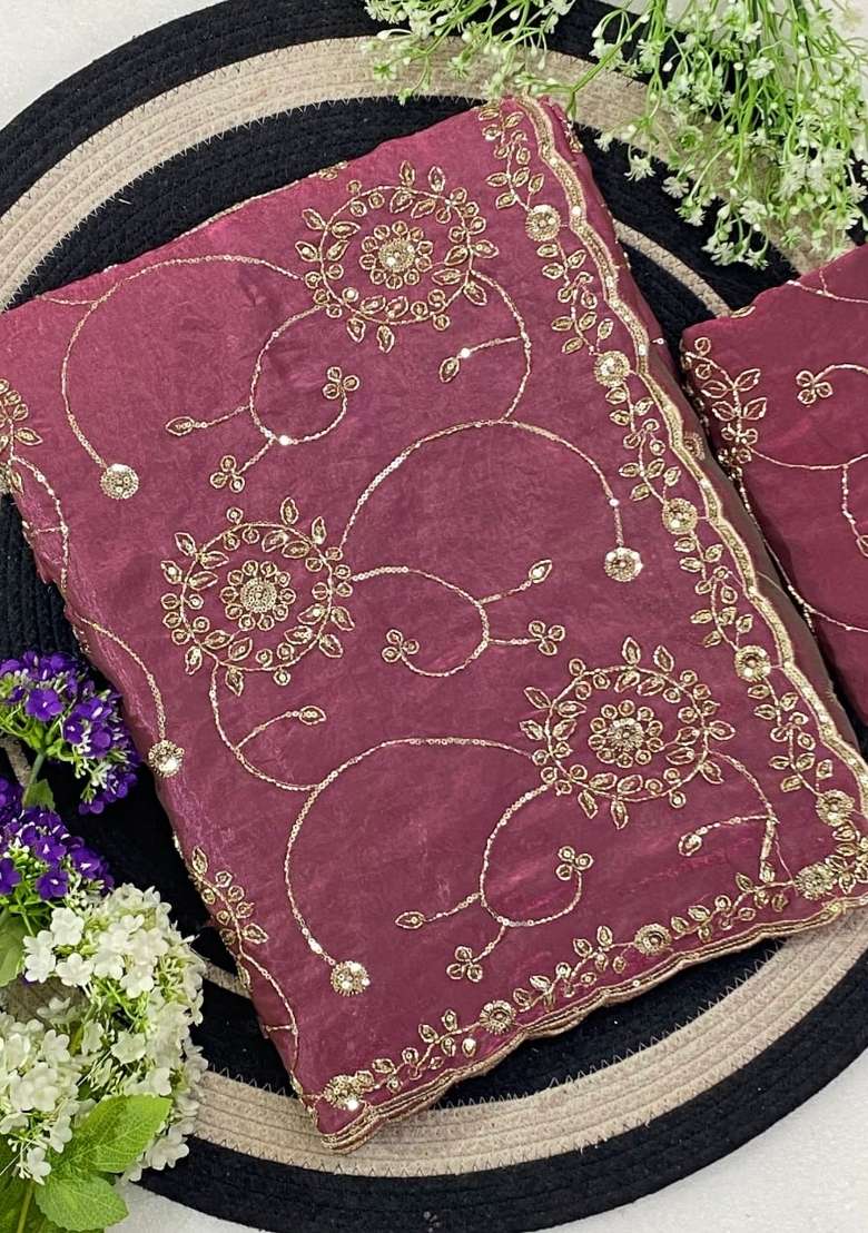 Peach Embroidered Silk Saree Set - Indya