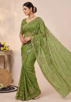 Pista Embroidered Silk Saree Set