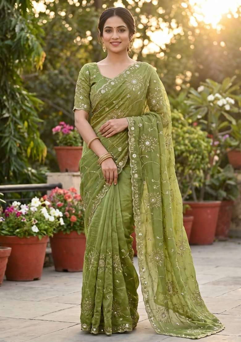 Pista Embroidered Silk Saree Set - Indya