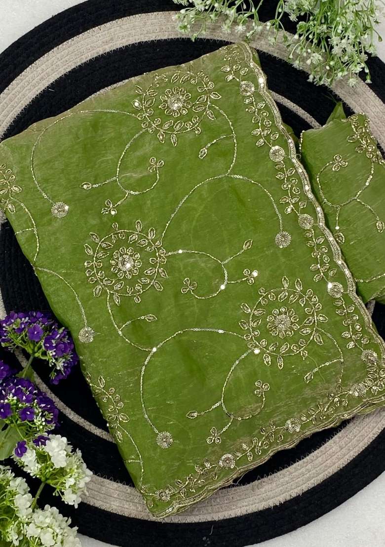 Pista Embroidered Silk Saree Set - Indya