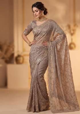 Grey Embroidered Silk Saree Set