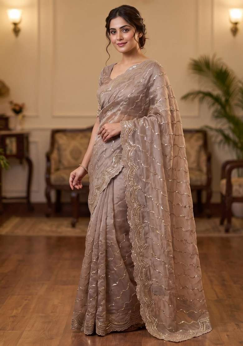 Grey Embroidered Silk Saree Set - Indya