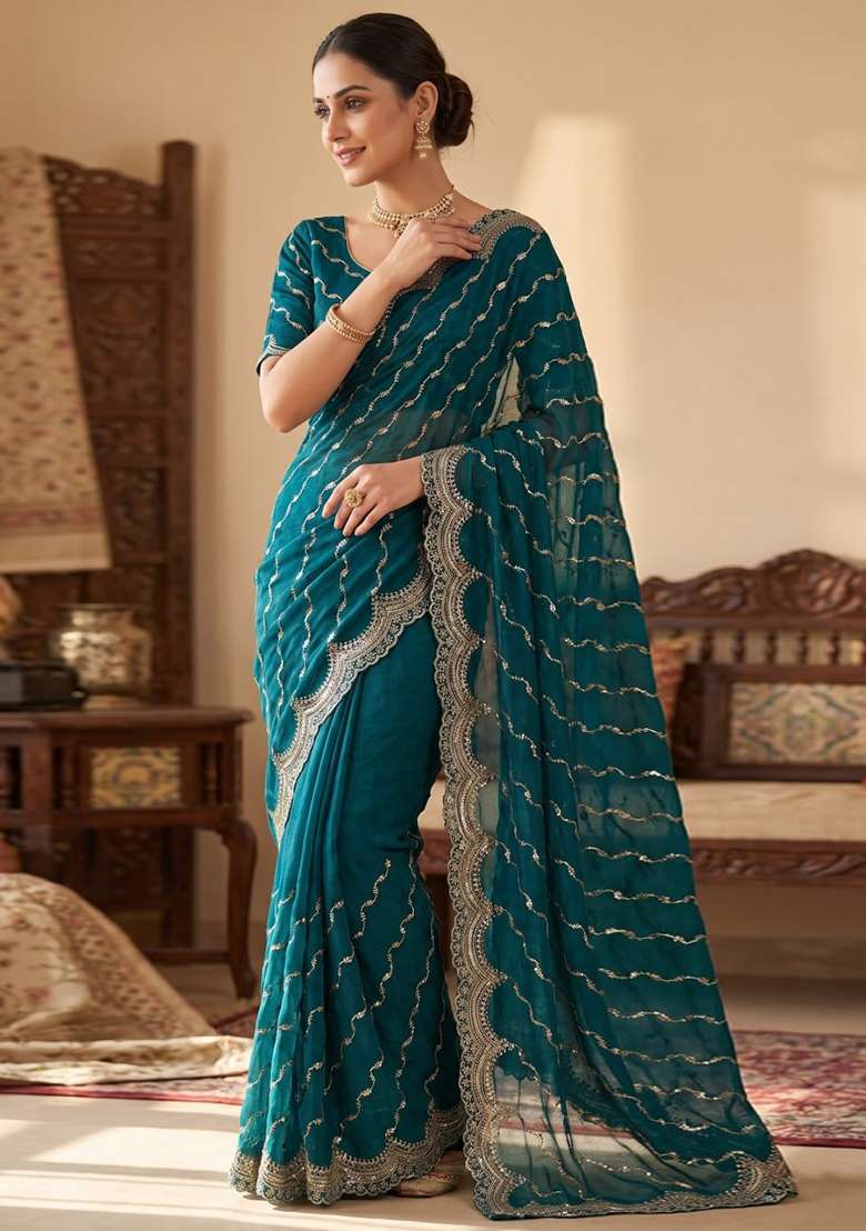 Green Embroidered Silk Saree Set - Indya