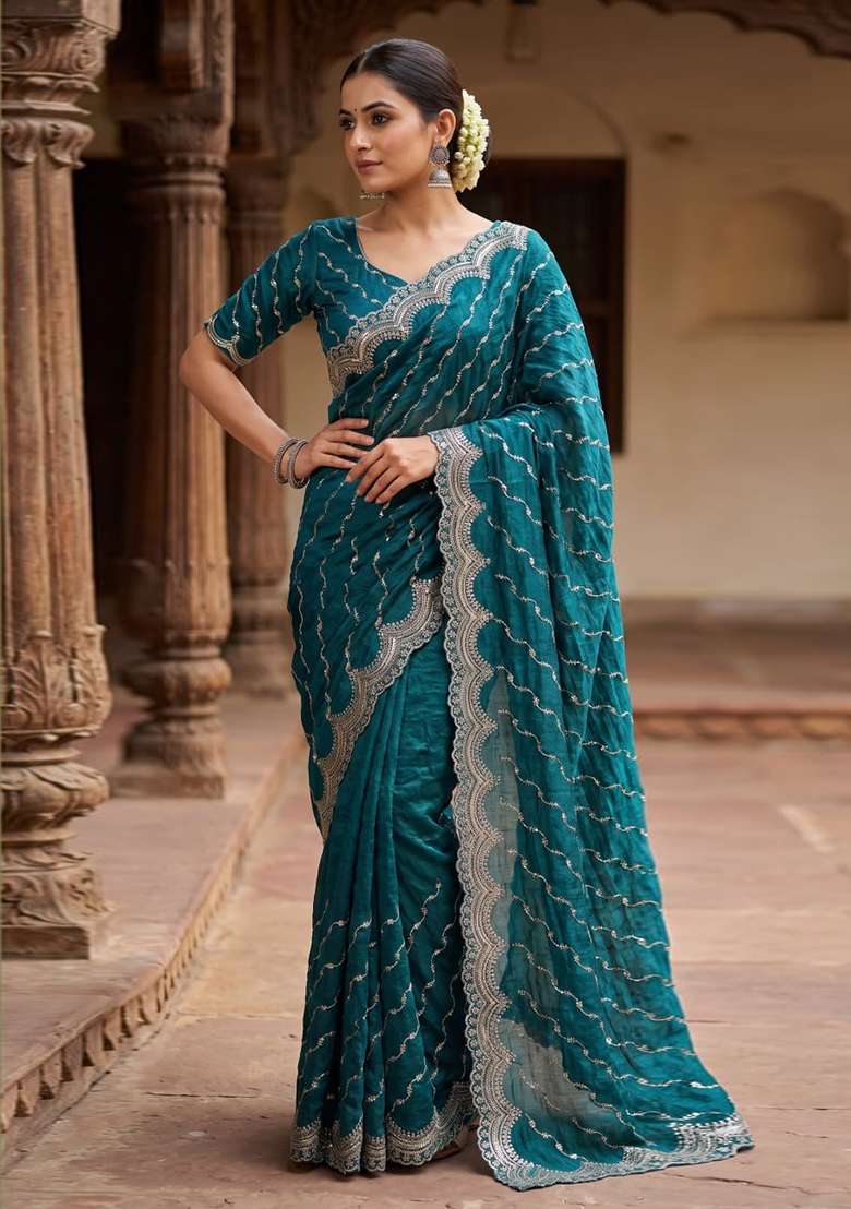 Green Embroidered Silk Saree Set - Indya