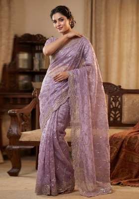 Lavender Embroidered Silk Saree Set