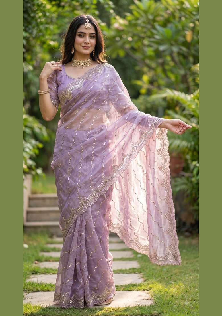 Lavender Embroidered Silk Saree Set - Indya