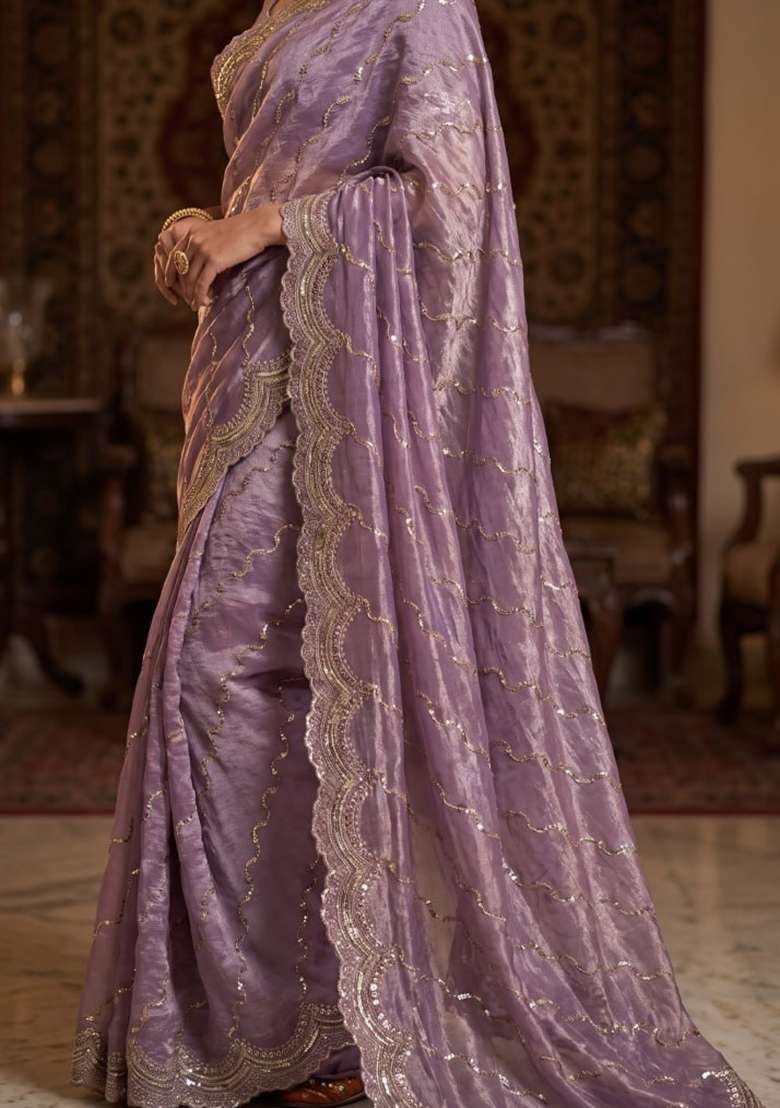 Lavender Embroidered Silk Saree Set - Indya