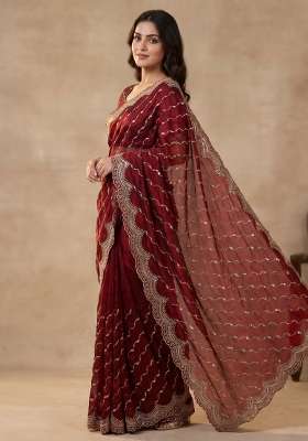 Maroon Embroidered Silk Saree Set