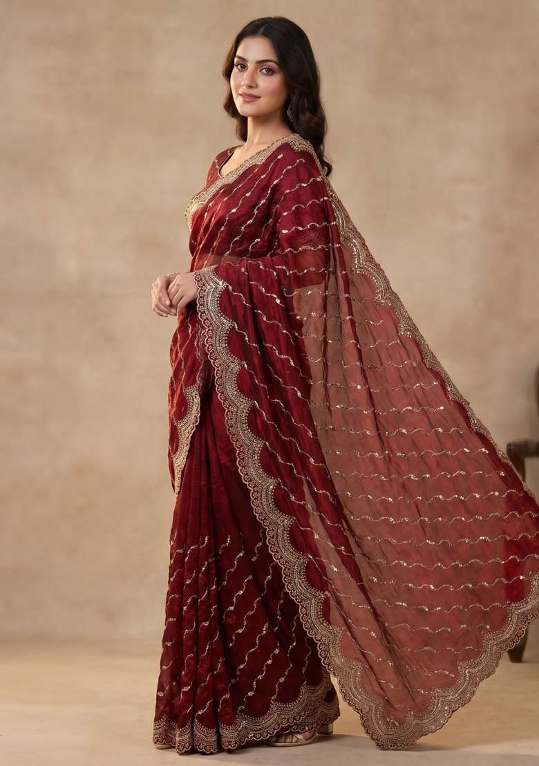 Maroon Embroidered Silk Saree Set - Indya