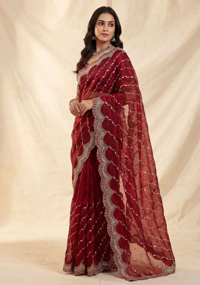 Maroon Embroidered Silk Saree Set - Indya